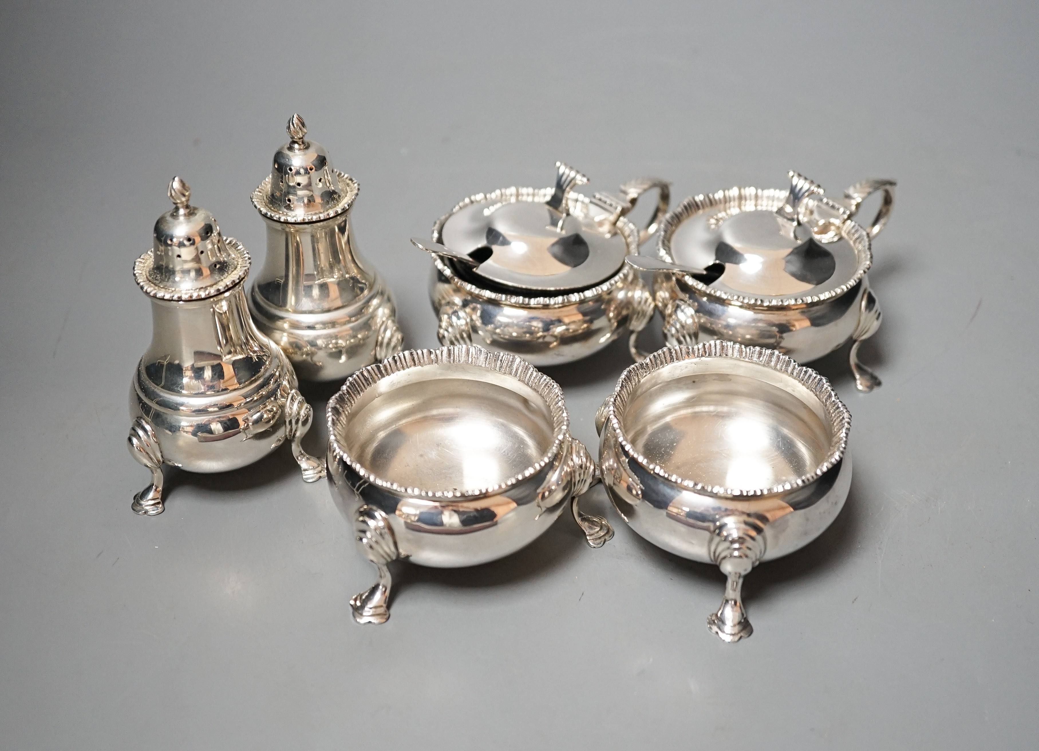 A modern seven piece silver condiment set, J.B. Chatterley & Sons Ltd, Birmingham, 1956/6/7.