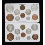 George VI specimen coin sets for 1938, 1939, 1940, 1941, 1942 and 1943, first coinage, the