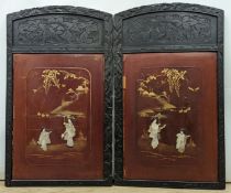 A pair Japanese bone and mother of pearl overlaid red lacquer panels, each 72 x 42.5 cm