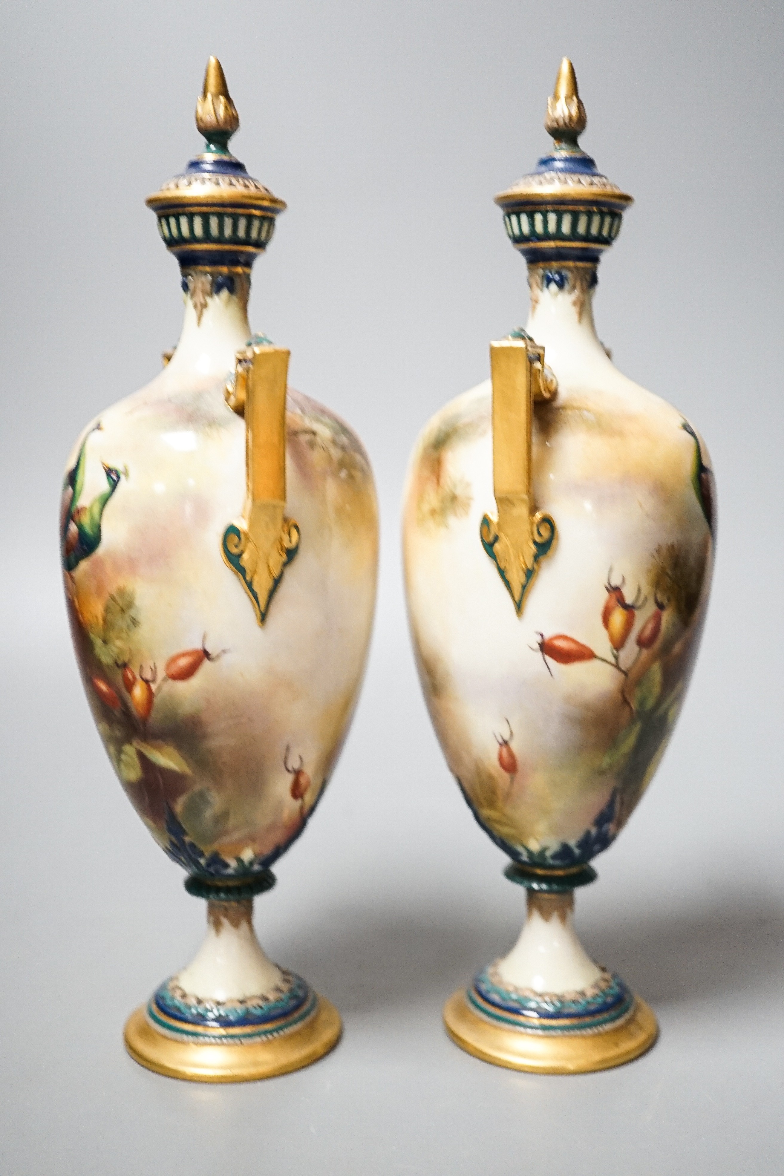 A pair of Royal Worcester Hadley ware Peacock vases and covers 24cm - Image 4 of 7