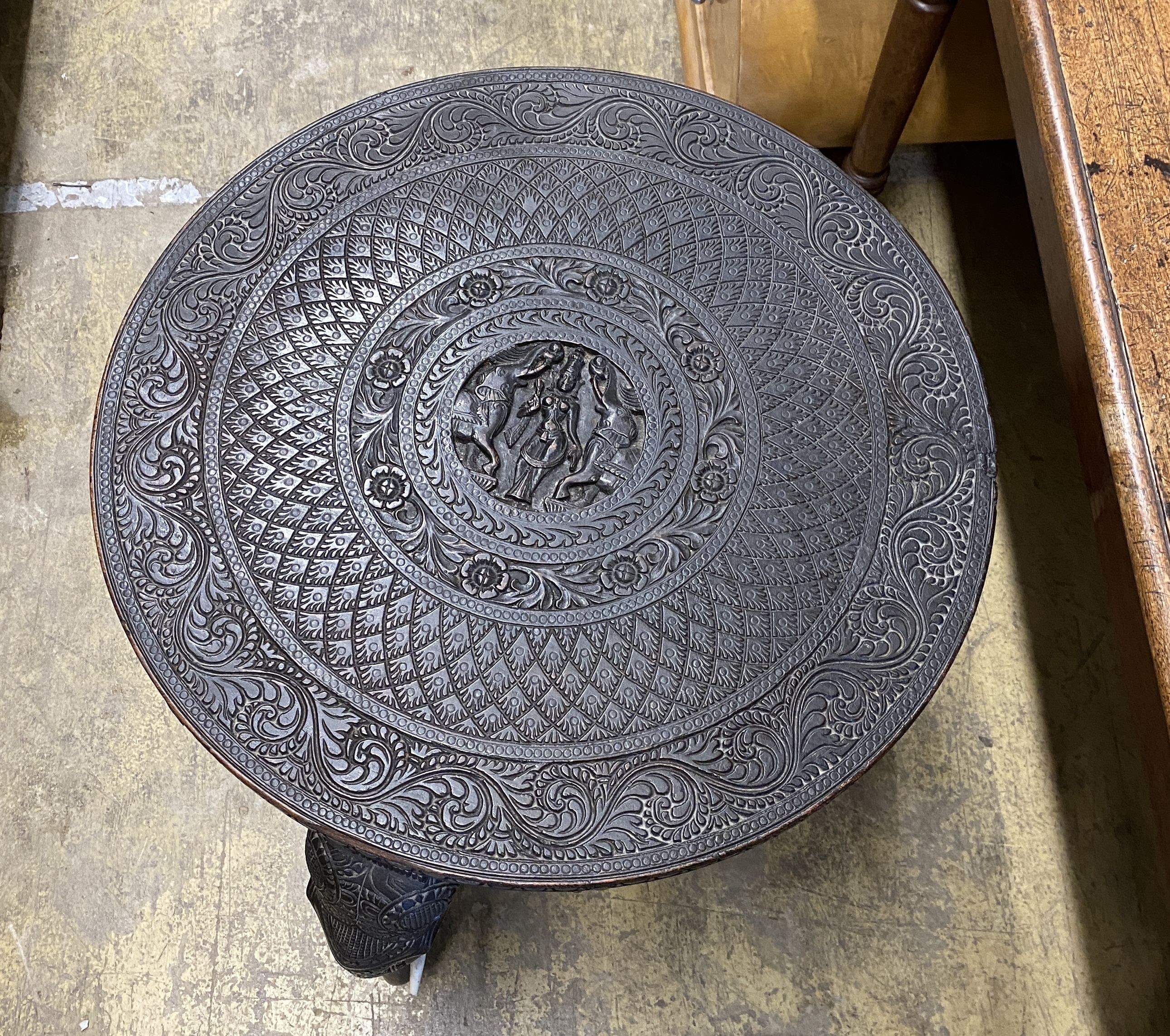 An Indian circular carved hardwood occasional table, diameter 60cm, height 63cm - Image 2 of 3