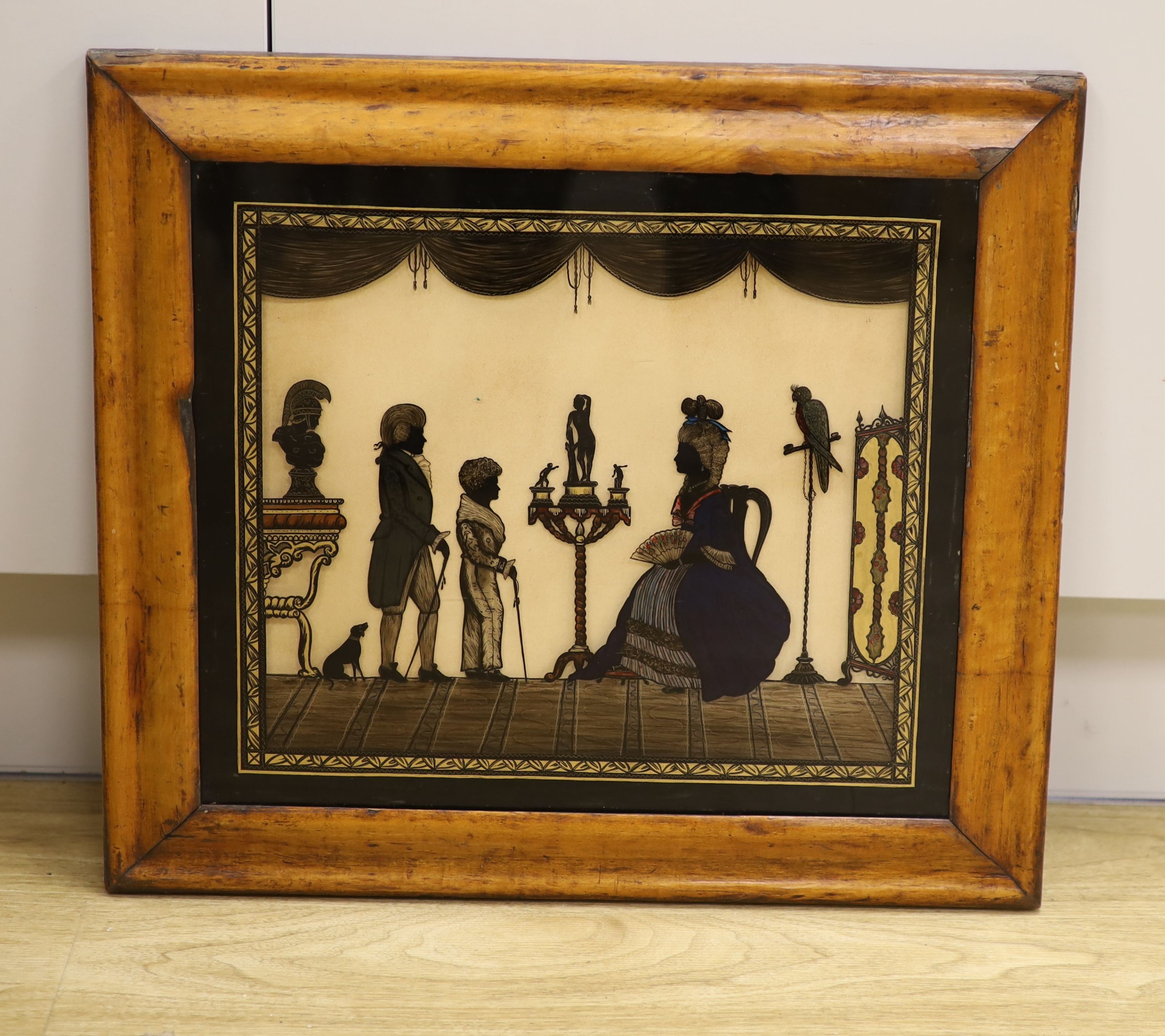 An 18th century style reverse painted glass silhouette, Figures in a drawing room, 31 x 36cm - Image 2 of 3