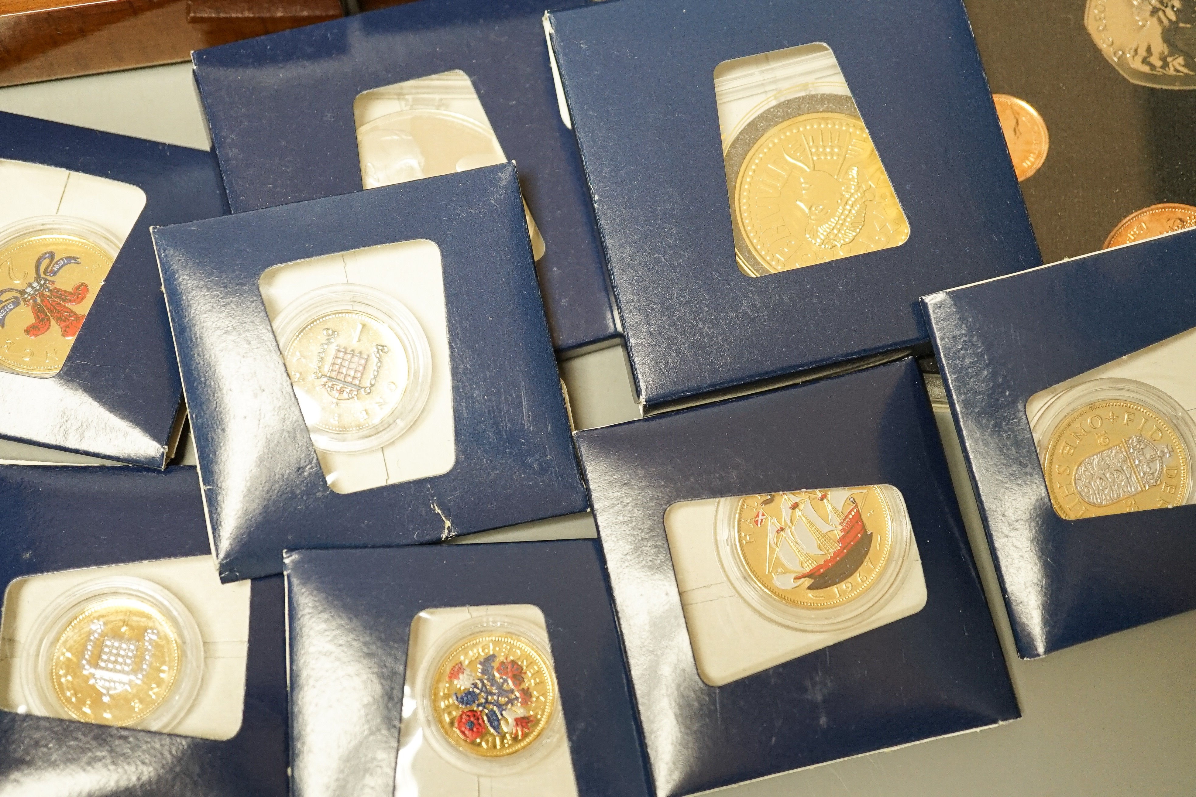 Two Royal Mint year sets 1970 & 1971 various London mint commemorative coins and later gold plated - Image 2 of 6