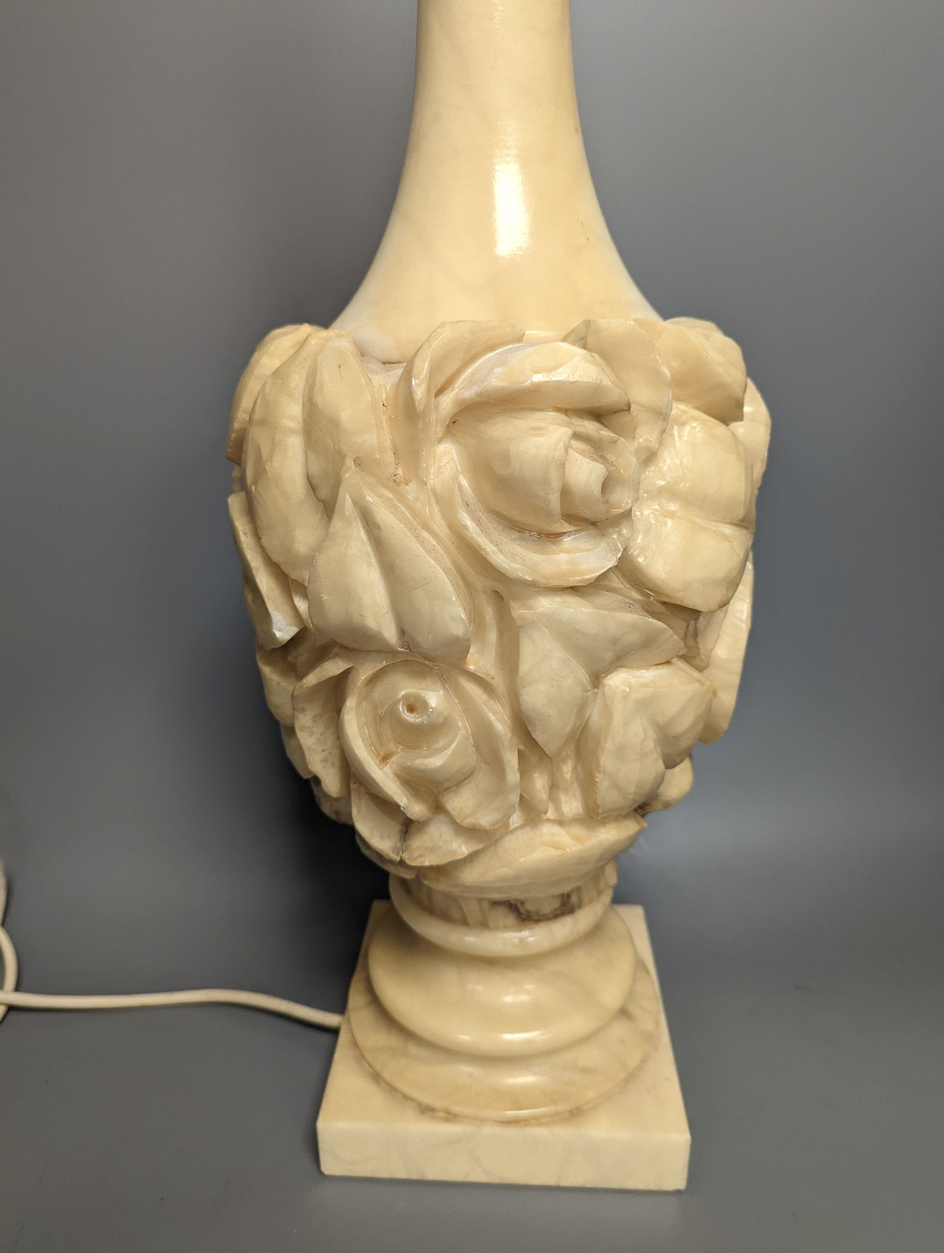 A carved alabaster lamp, height 60cm excl. light fitting, and a turned alabaster plafonnier, 35.5 cm - Image 3 of 3