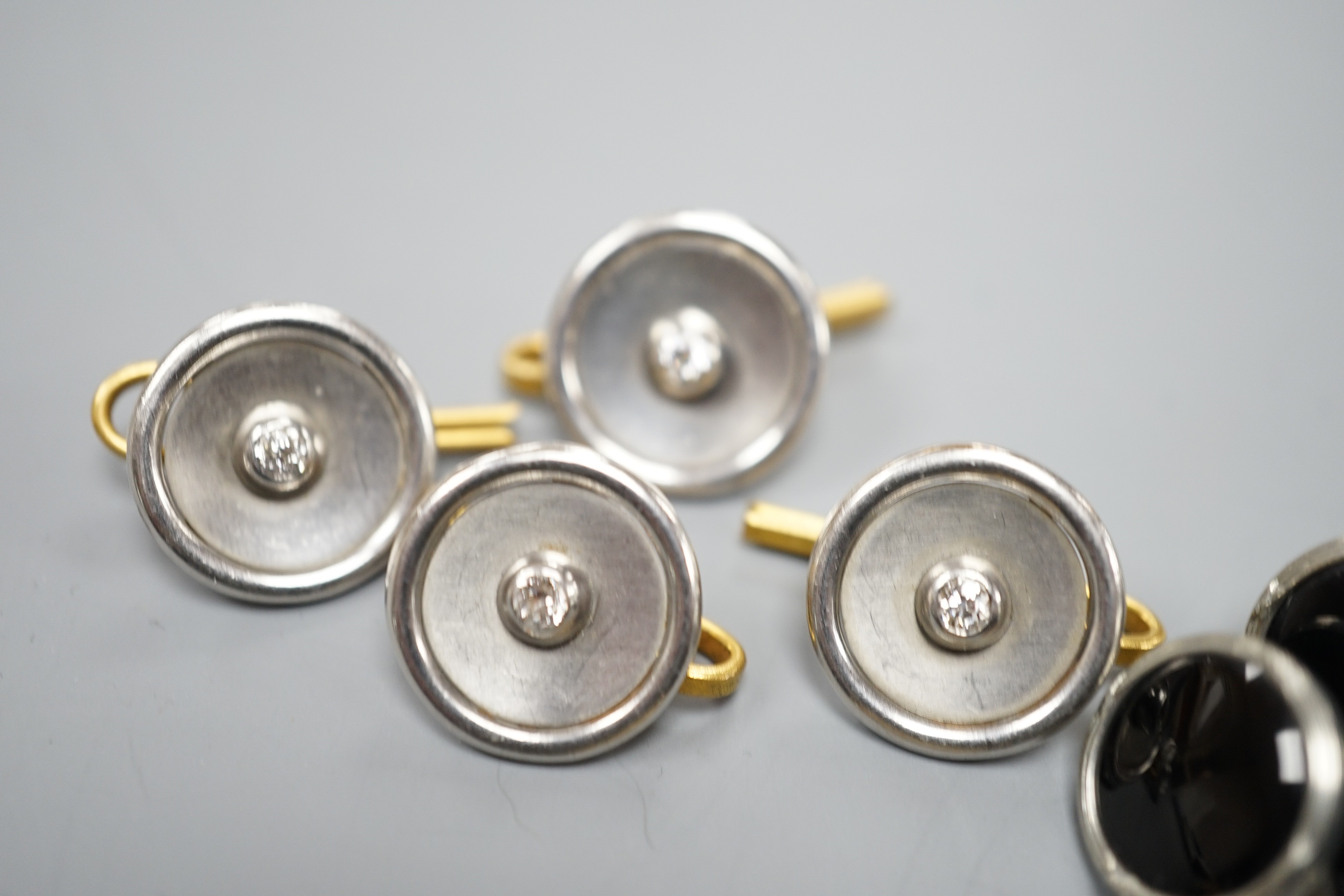 A pair of small pair of yellow and white metal diamond set cufflinks and four similar dress studs - Image 3 of 6
