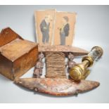 African carved wood instrument, chip carved beech box, a GWR brass wall lamp and a pair of oil