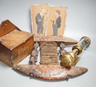 African carved wood instrument, chip carved beech box, a GWR brass wall lamp and a pair of oil