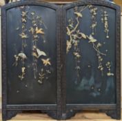 A Japanese bone overlaid lacquer panelled low two section screen, Meiji period 90 x 92cm