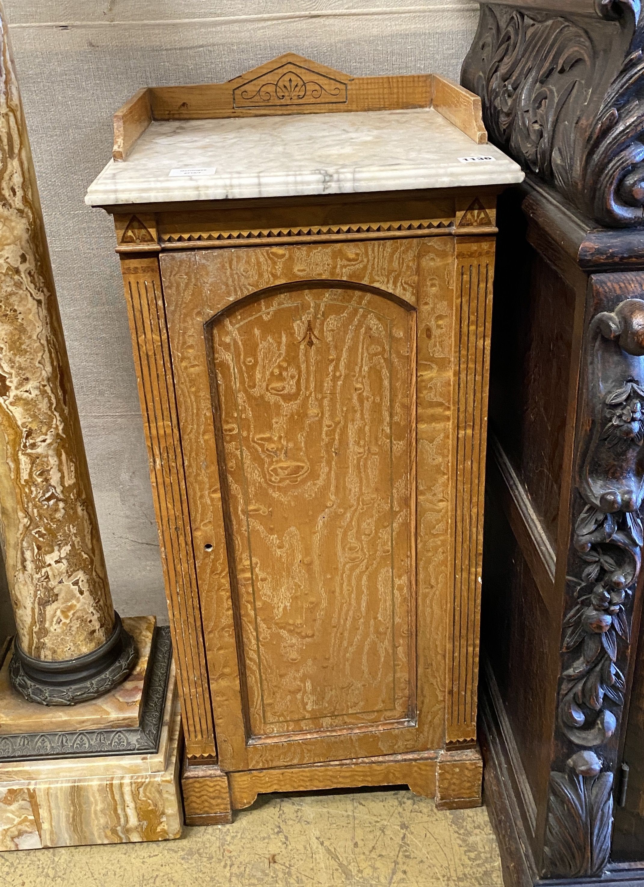 A Victorian satin birch marble-topped bedside cupboard, width 38cm, depth 36cm, height 86cm - Image 2 of 2