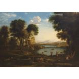 After Claude Lorrain, oil on canvas, Classical landscape, Simon Dickinson label verso, 76 x 107cm,