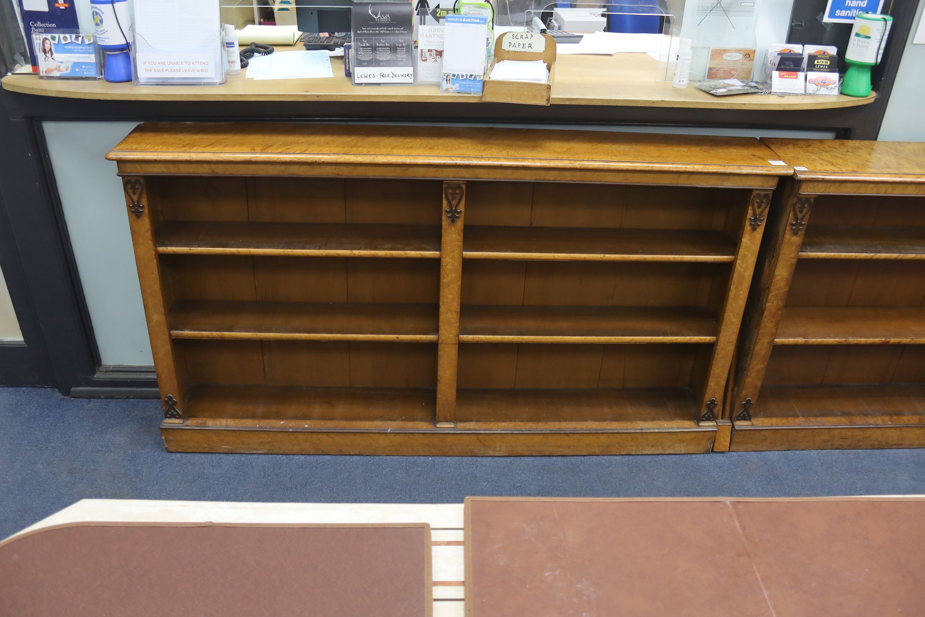 A Victorian two sectional (converted) bird's eye maple open bookcase, length 268cm, depth 27cm, - Image 2 of 4