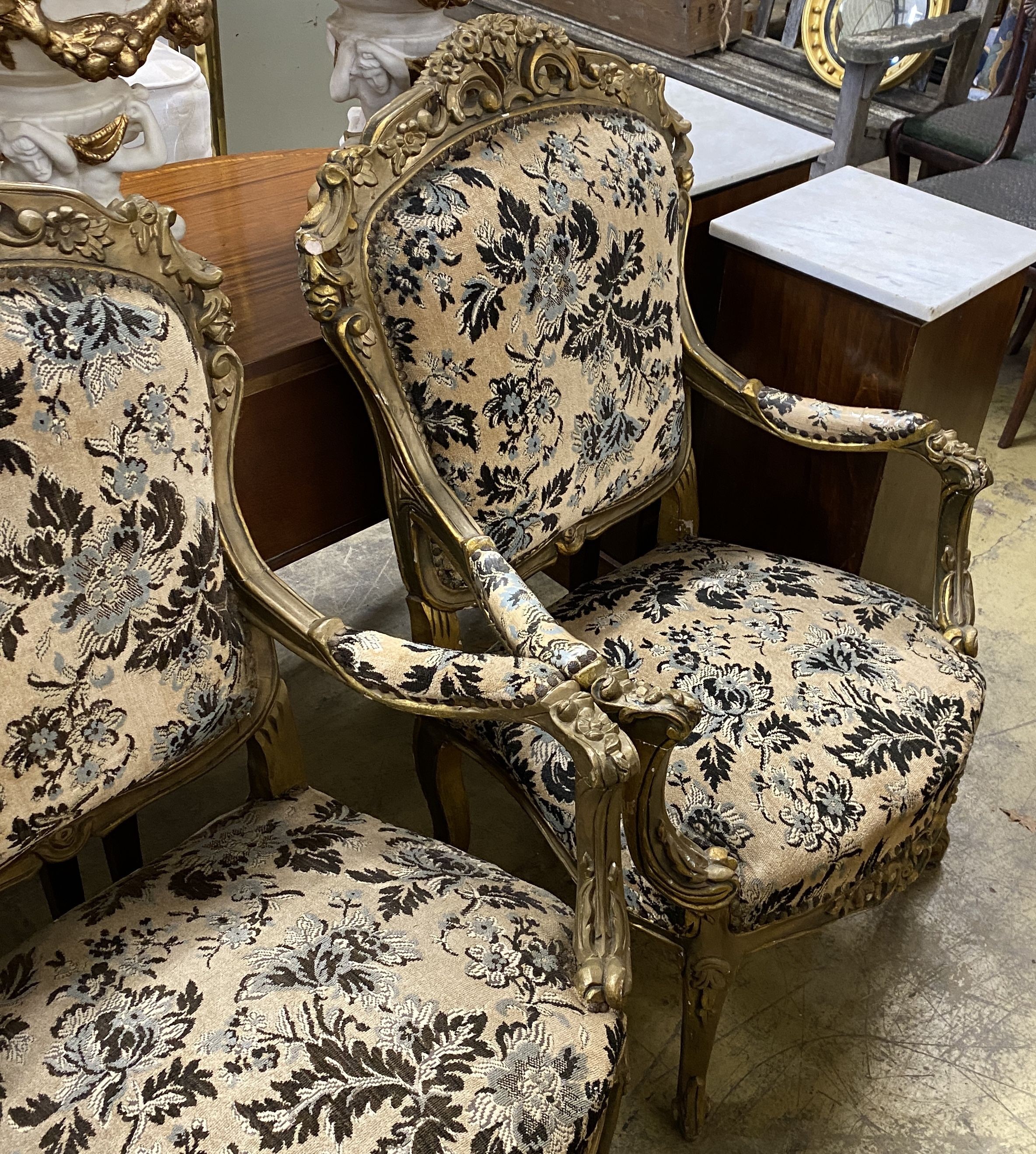 A pair of Louis XVI style carved giltwood upholstered open armchairs, width 72cm, depth 54cm, height - Image 3 of 3