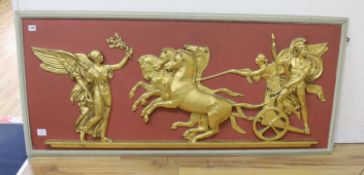 A 20th century gilt plaster wall-hanging panel, classical chariot scene, width 146cm, height 66cm