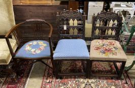 A pair of Scandinavian carved oak side chairs, embroidered seat, together with an Edwardian mahogany