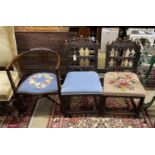 A pair of Scandinavian carved oak side chairs, embroidered seat, together with an Edwardian mahogany