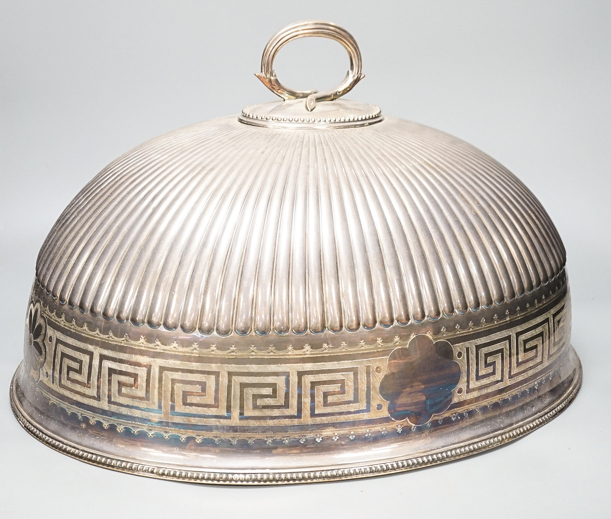 A large ribbed silver plated cloche/meat cover, 35 cms high including handle.
