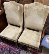 A pair of 17th century high back upholstered chairs (restorations), width 53cm, depth 46cm, height