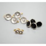 A pair of small pair of yellow and white metal diamond set cufflinks and four similar dress studs