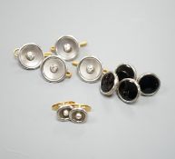 A pair of small pair of yellow and white metal diamond set cufflinks and four similar dress studs