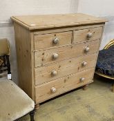 A Victorian pine chest of two short and three long drawers, width 94cm, depth 44cm, height 96cm