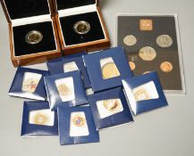 Two Royal Mint year sets 1970 & 1971 various London mint commemorative coins and later gold plated