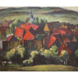 Emmanuel Levy (1900-1986), oil on board, The Red Village, signed with label verso, 50 x 60cm