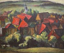 Emmanuel Levy (1900-1986), oil on board, The Red Village, signed with label verso, 50 x 60cm