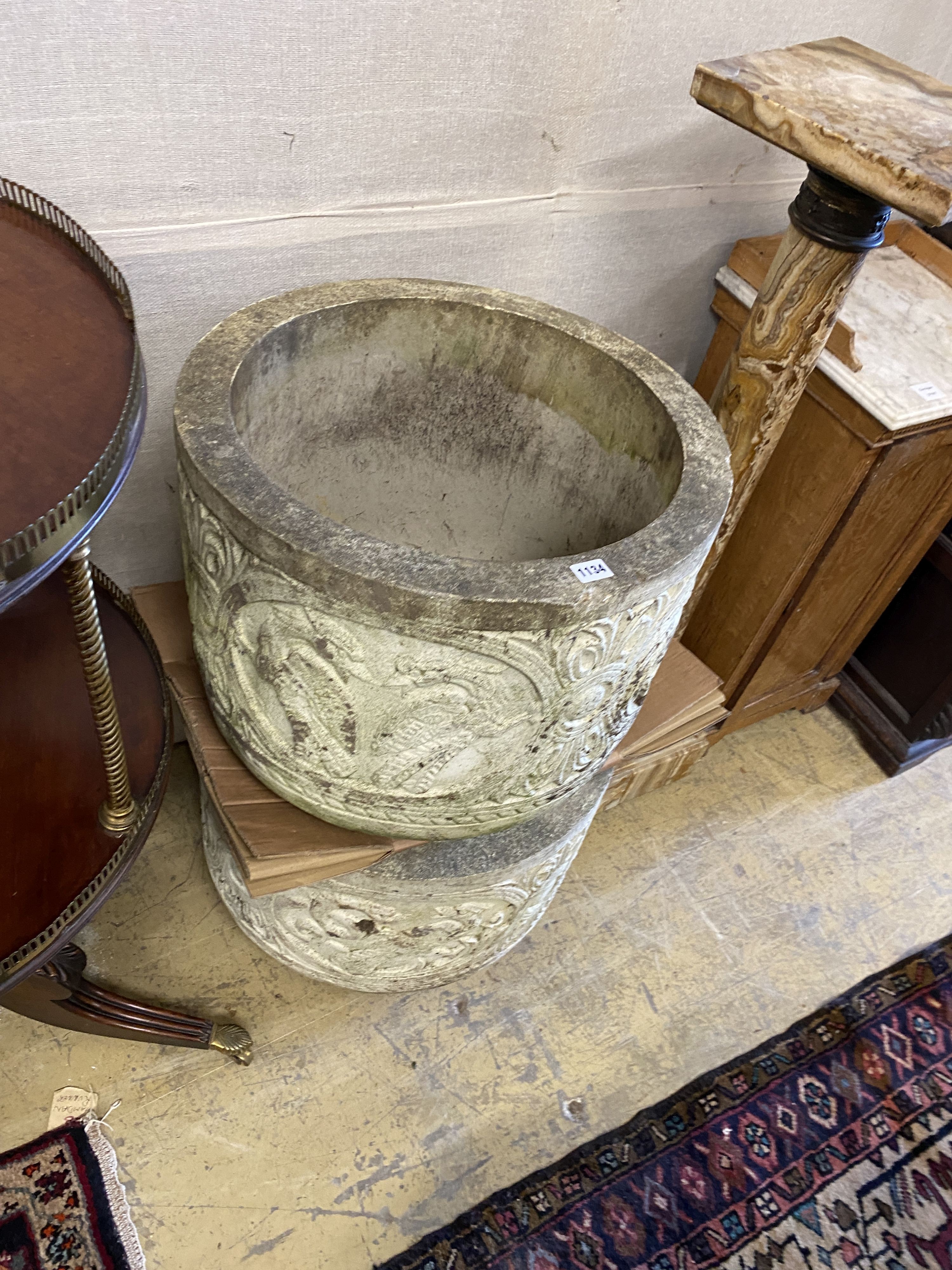 A pair of reconstituted stone circular garden planters, diameter 54cm, height 42cm - Image 2 of 2