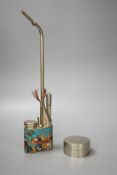 A Chinese inscribed paktong inkbox and a Chinese cloisonne enamel and paktong water pipe, 33cm