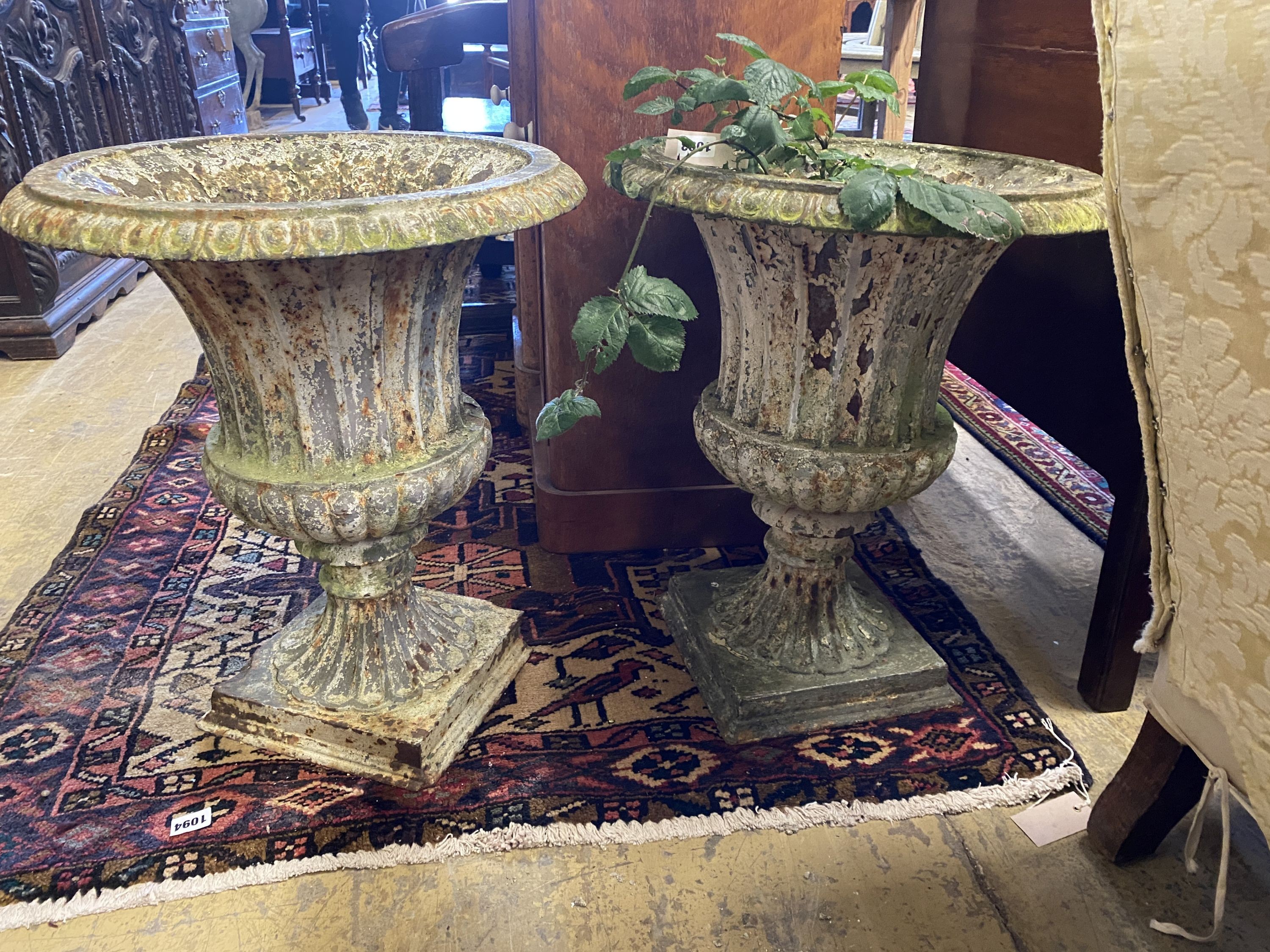 A pair of Victorian painted cast iron campana garden urns, a.f., diameter 44cm, height 50cm - Image 2 of 3