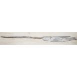 A Polynesian paddle spear, head carved ‘Buruno .E.N.S.O.K Botaki’? Total length 146cm