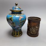 A Chinese cloisonne enamel vase and cover, early 20th century and a bronze brush pot 25cm