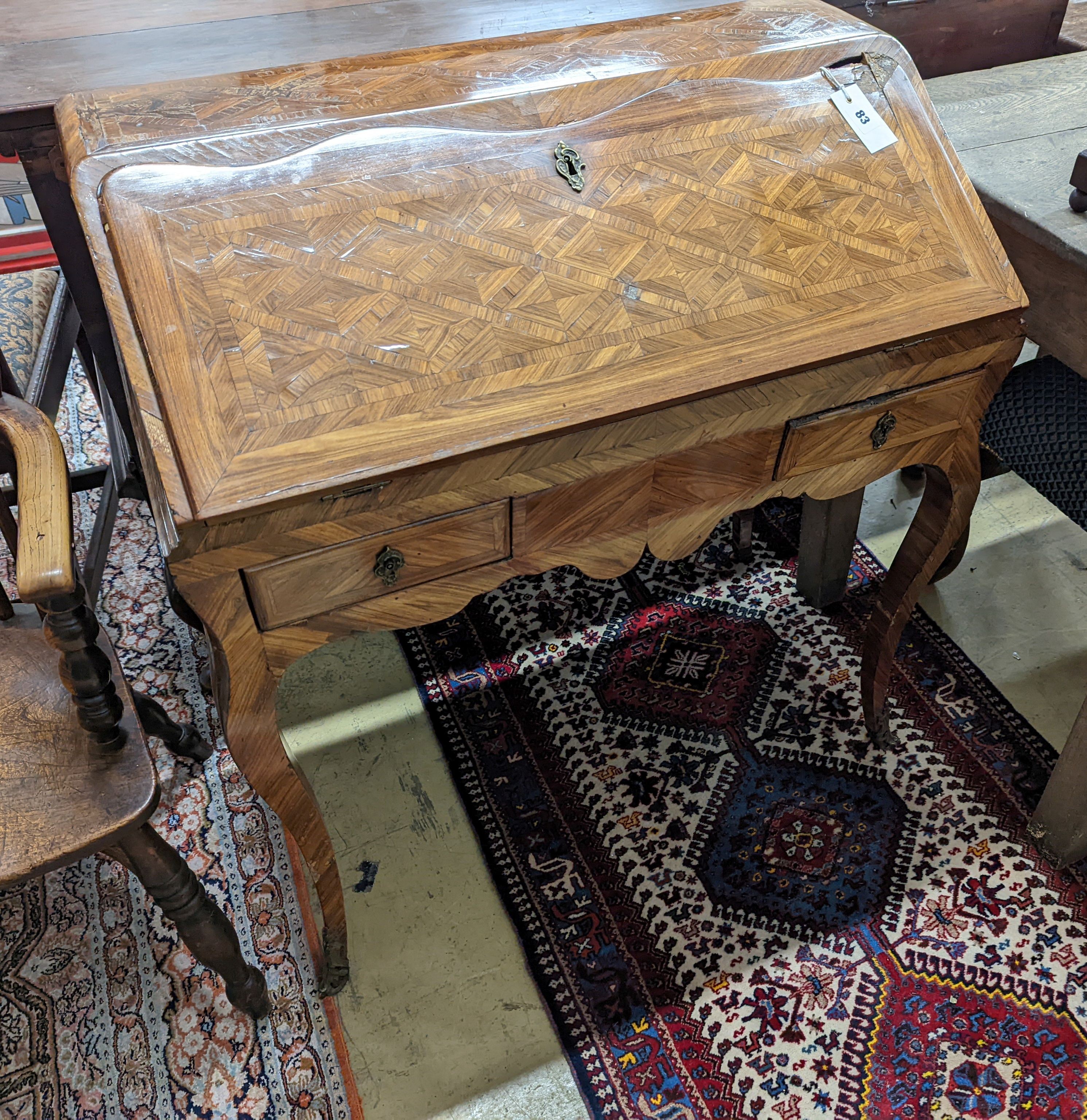 An 18th century French kingwood parquetry bureau. (Fall front AF) W-79cm, D-44cm, H-90cm.