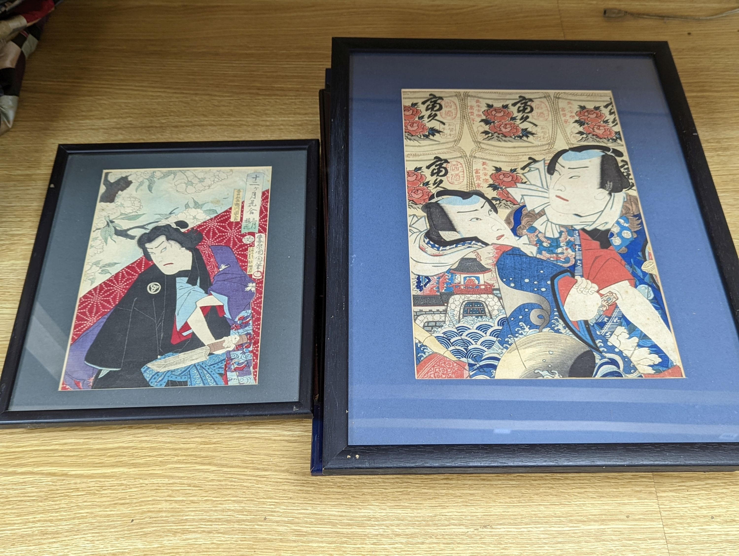Kunikazu, woodblock print, Two actors, 35 x 23cm, together with eight other assorted woodblock