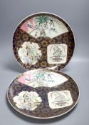 A pair of Japanese enamelled porcelain dishes, Meiji period, 36.5cm.