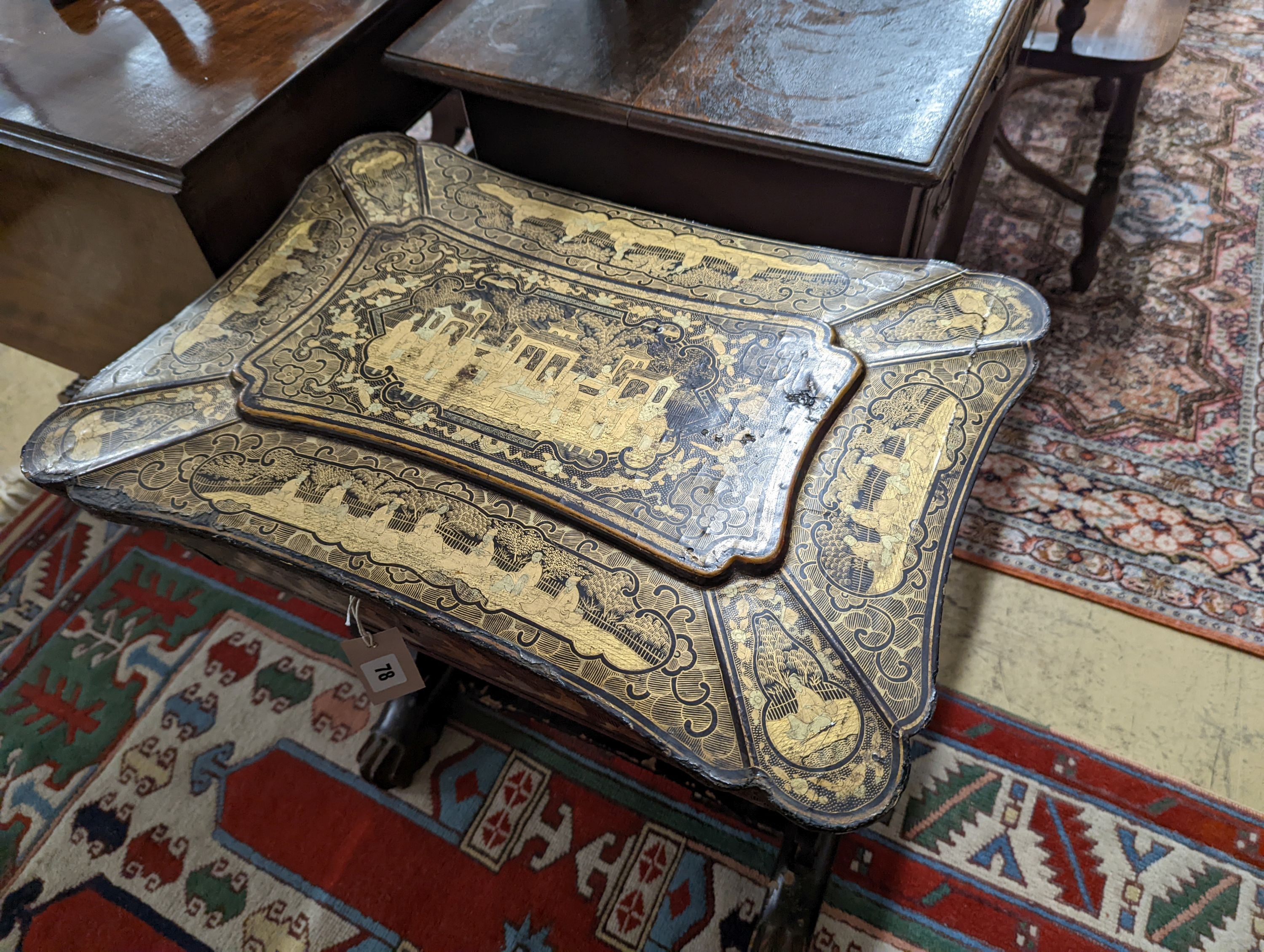 A mid 19th century Chinese export lacquer work table. W-59cm,D-41cm, H-66cm., containing bone - Image 2 of 3