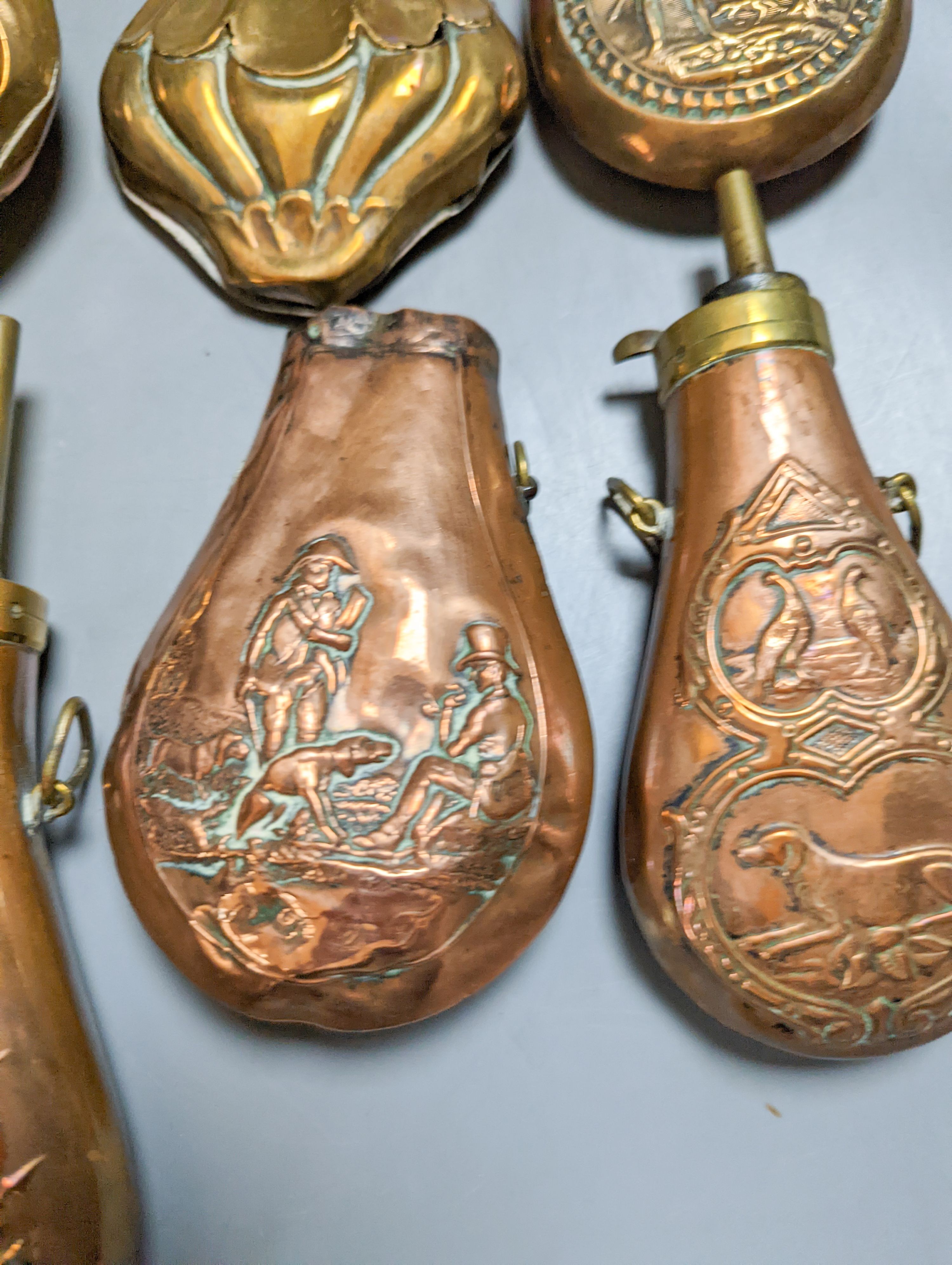 Eight assorted 19th century copper shot flasks - Image 9 of 10