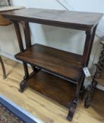 A Victorian rosewood three tier table. W-73cm, D-38cm, H-92cm.