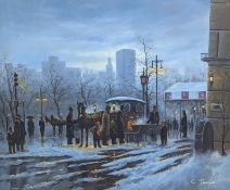 C. Jonnson, oil on canvas, Street market in winter, signed, 50 x 60cm