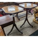 A pair of Regency style tripod tables, with walnut parquetry tops, W-38cm, D-44cm, H-71cm.