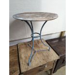 A French wrought iron garden table. W-55cm, D-55cm, H-69cm.