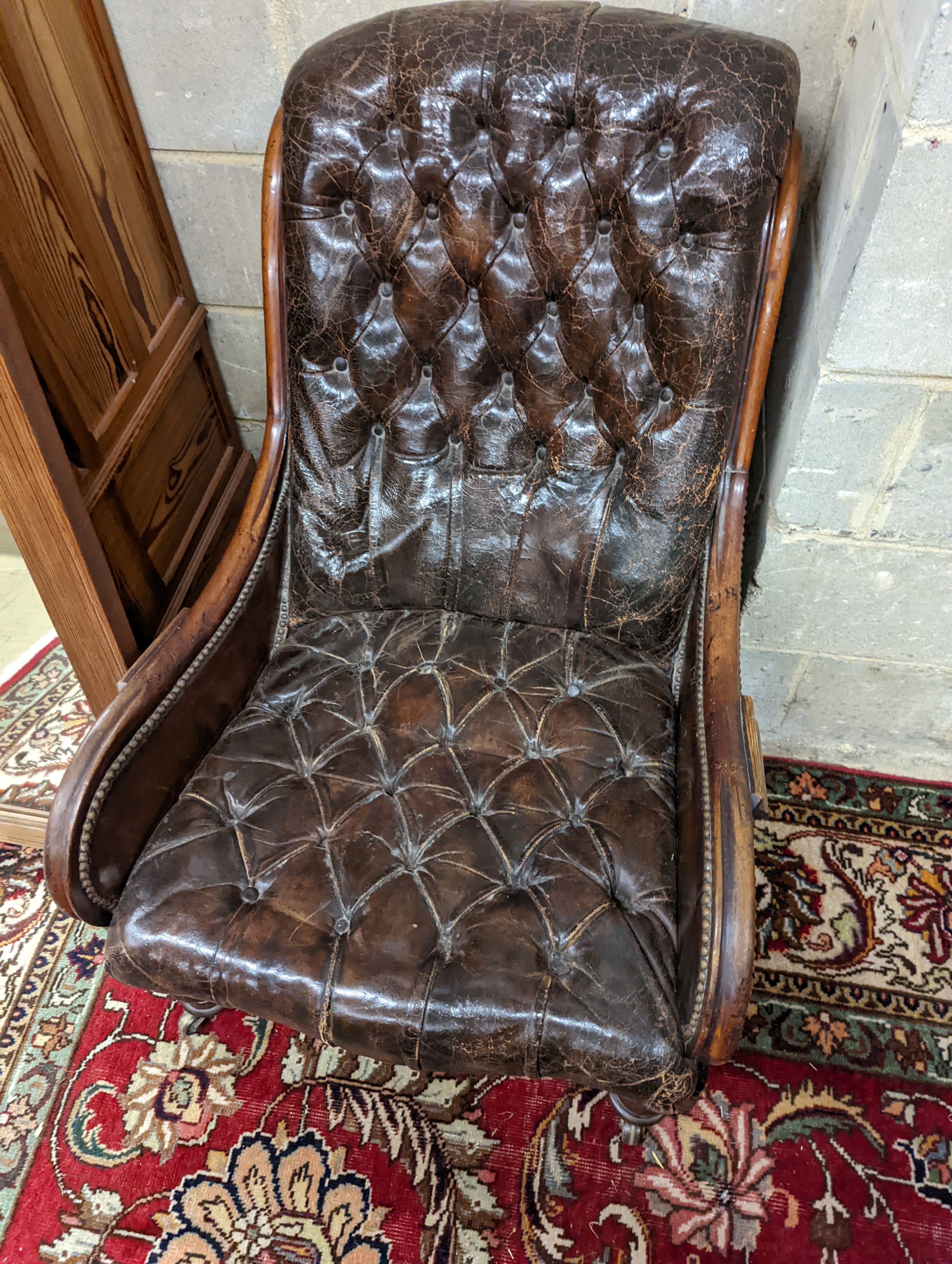 A late 19th century leather button back chair. H-90cm. - Image 2 of 4