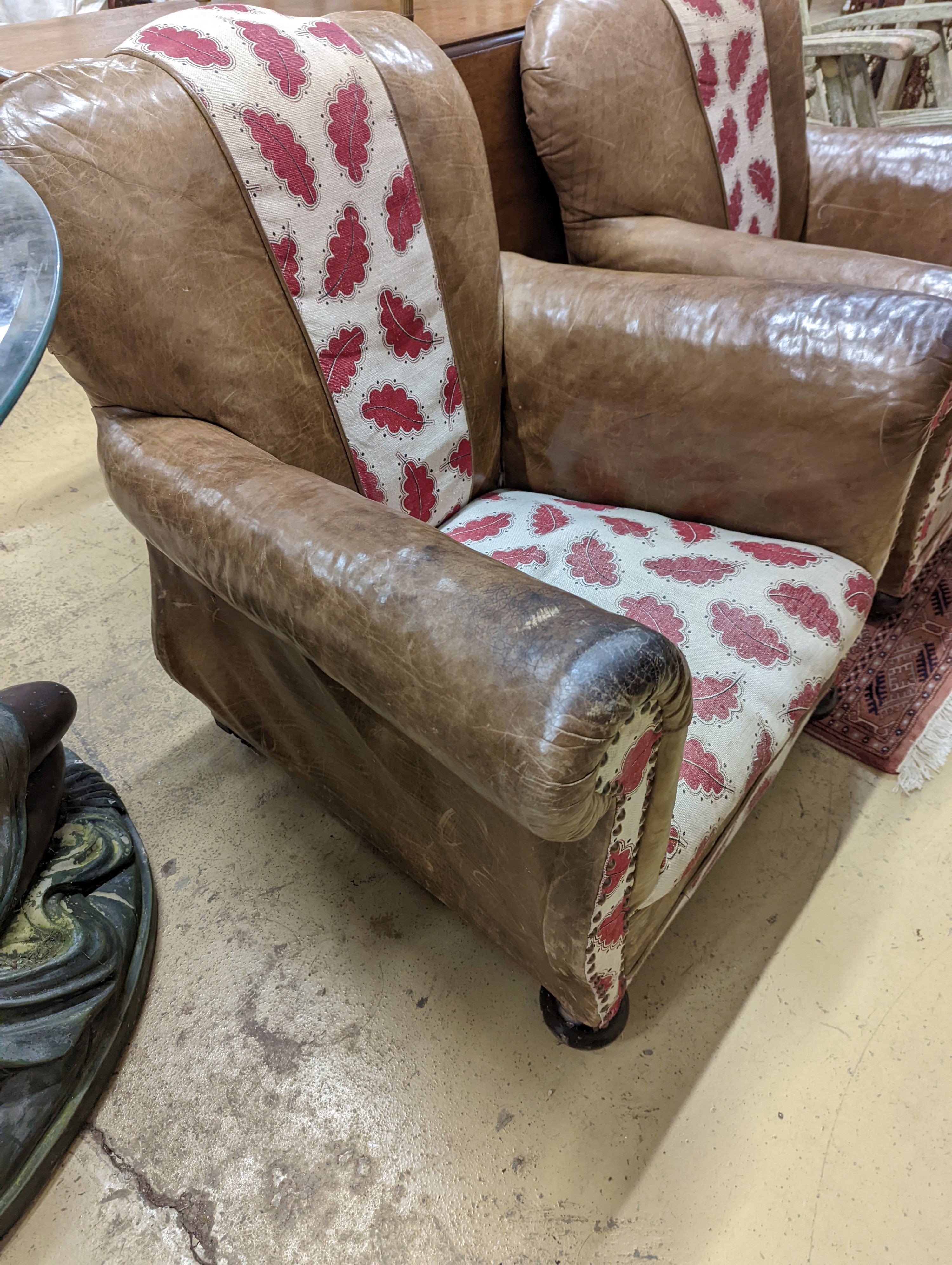 A pair of leather and fabric club armchairs. H-80cm. - Image 5 of 5