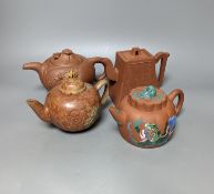 Three Chinese Yixing teapots and a carved soapstone teapot tallest 12cm