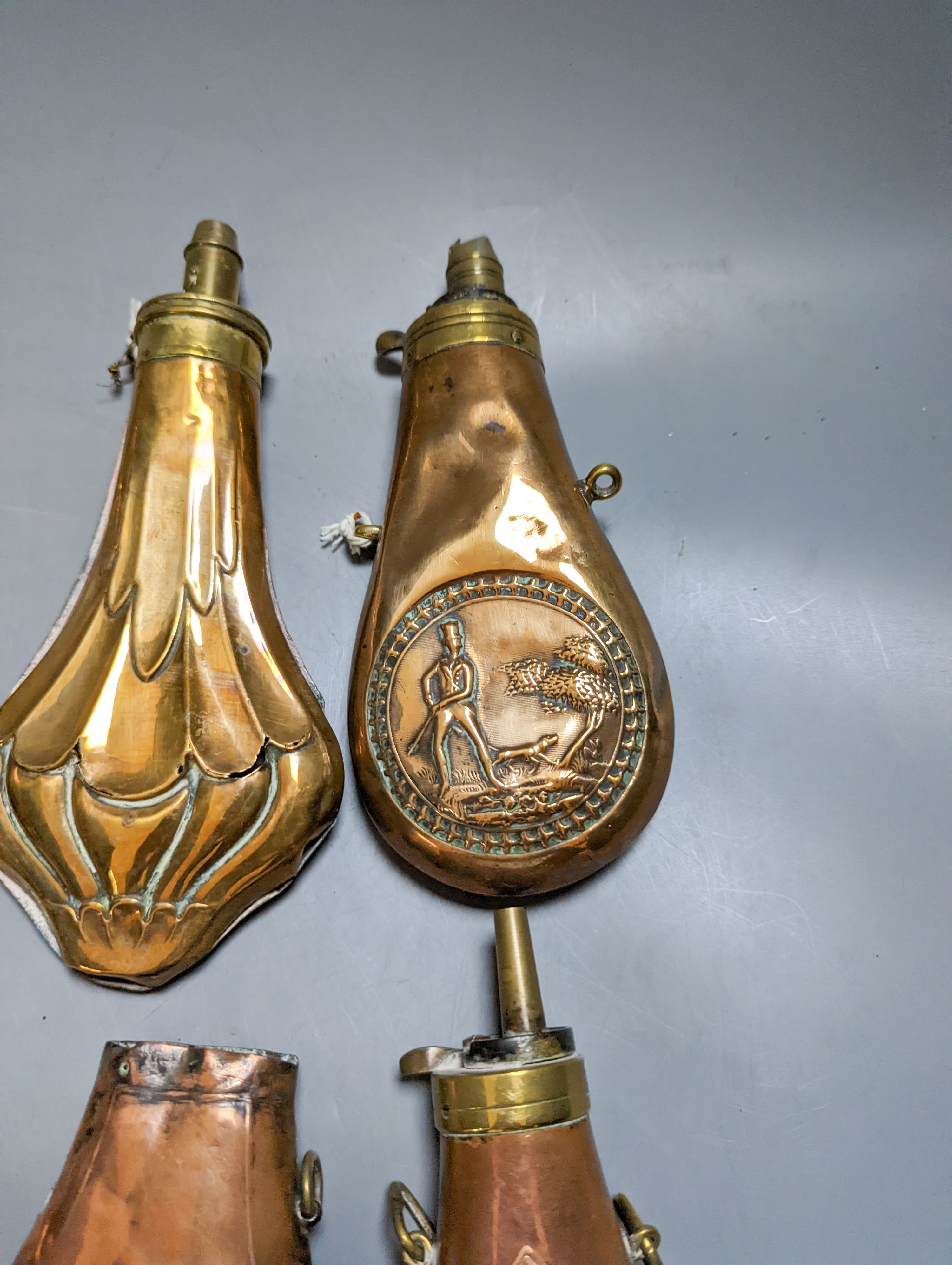 Eight assorted 19th century copper shot flasks - Image 7 of 10