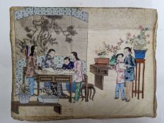 Chinese school circa 1900, gouache on silk, Calligrapher with onlookers, 31 x 40cm, unframed