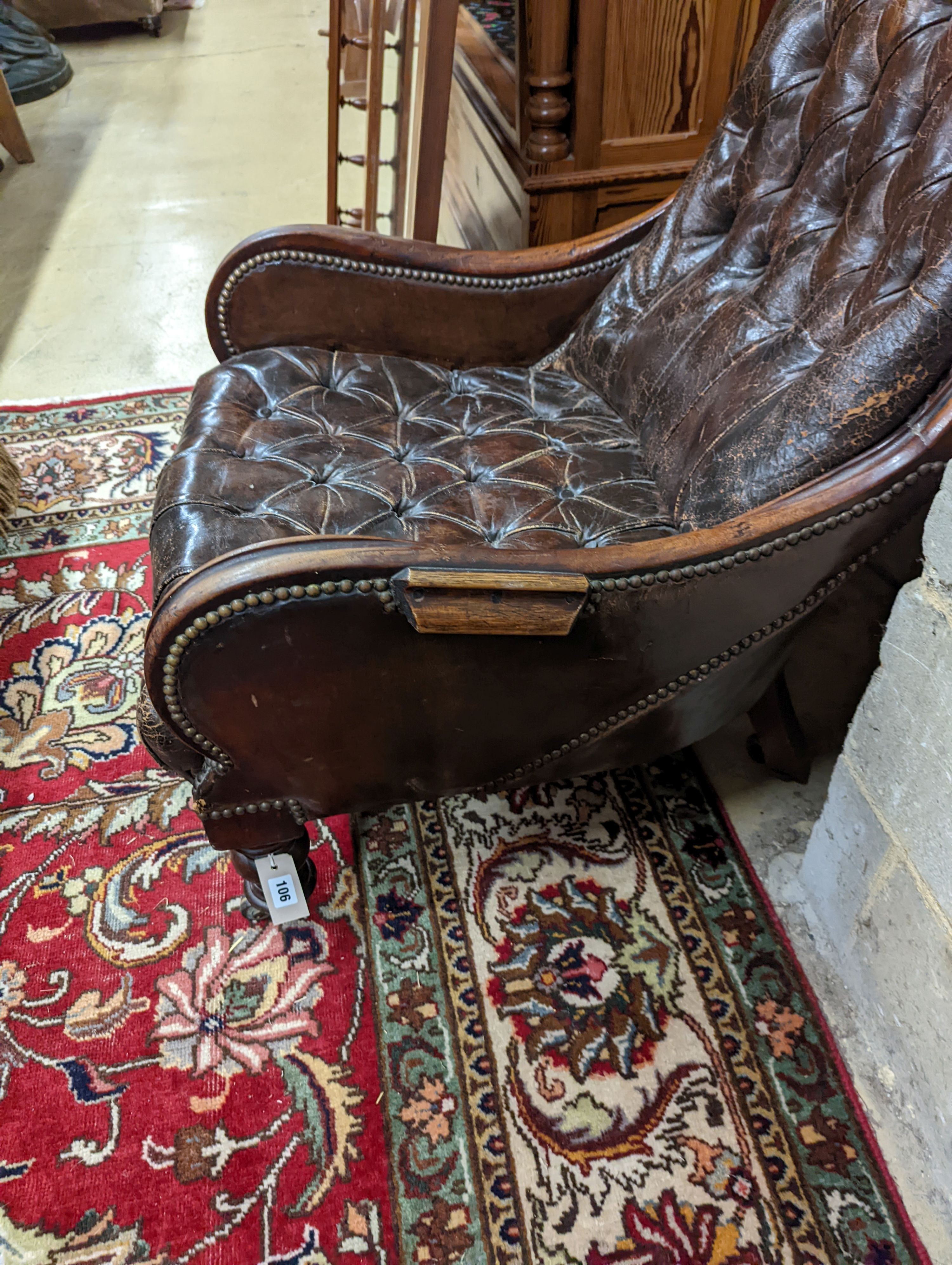 A late 19th century leather button back chair. H-90cm. - Image 3 of 4