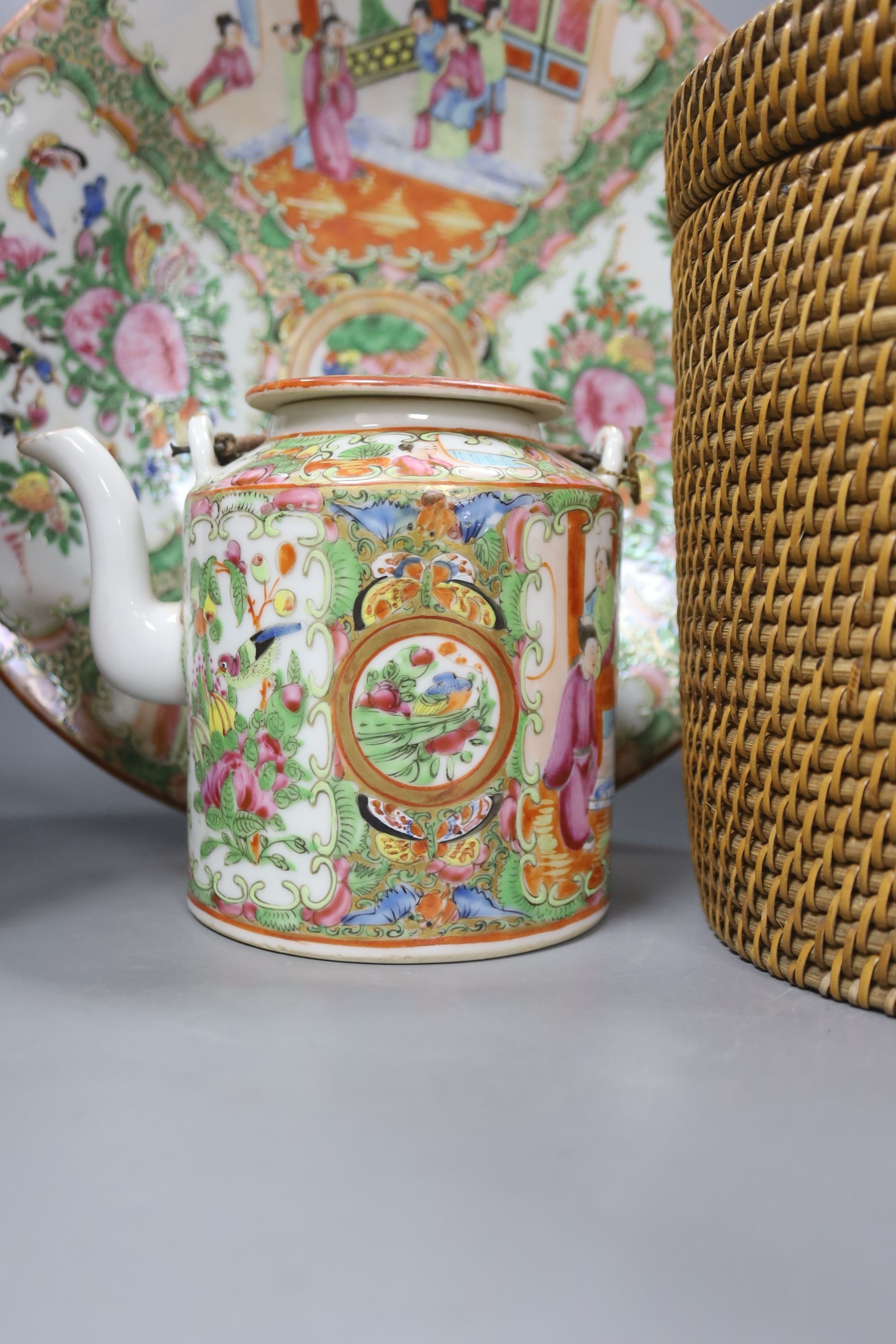 Three late 19th/early 20th century Chinese famille teapots, two in baskets and a similar dish, - Image 2 of 9
