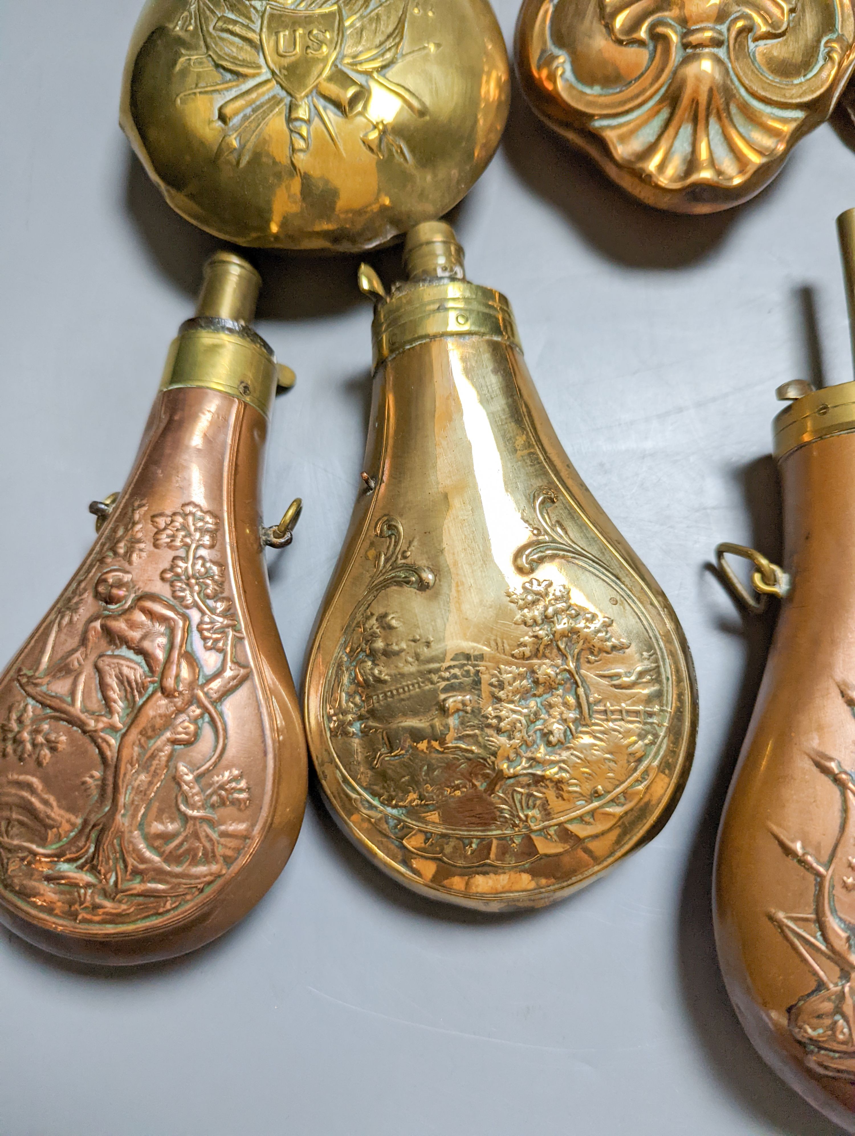 Eight assorted 19th century copper shot flasks - Image 4 of 10
