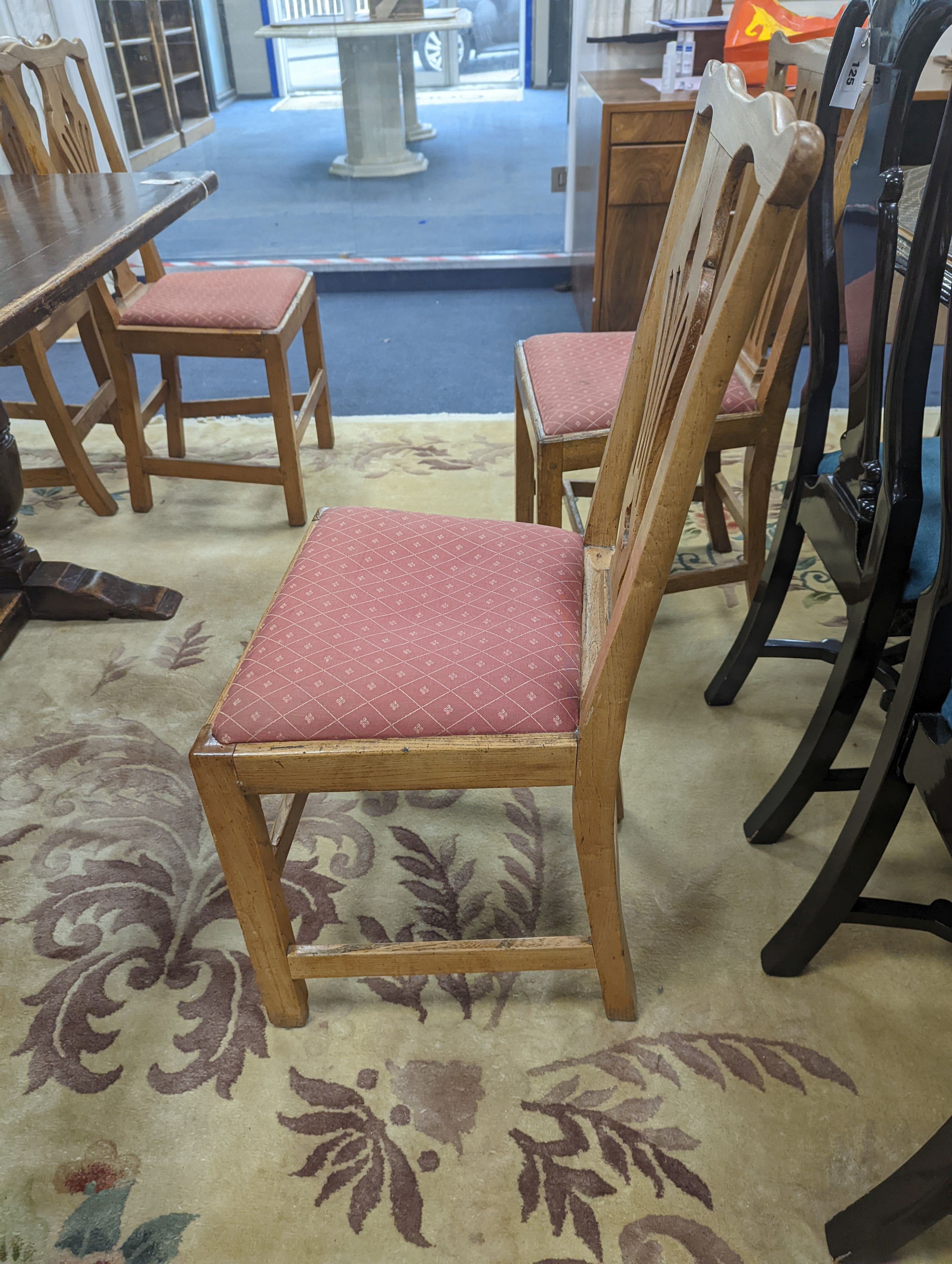 A harlequin set of eight George III provincial oak and elm dining chairs. H-96cm. - Image 4 of 4